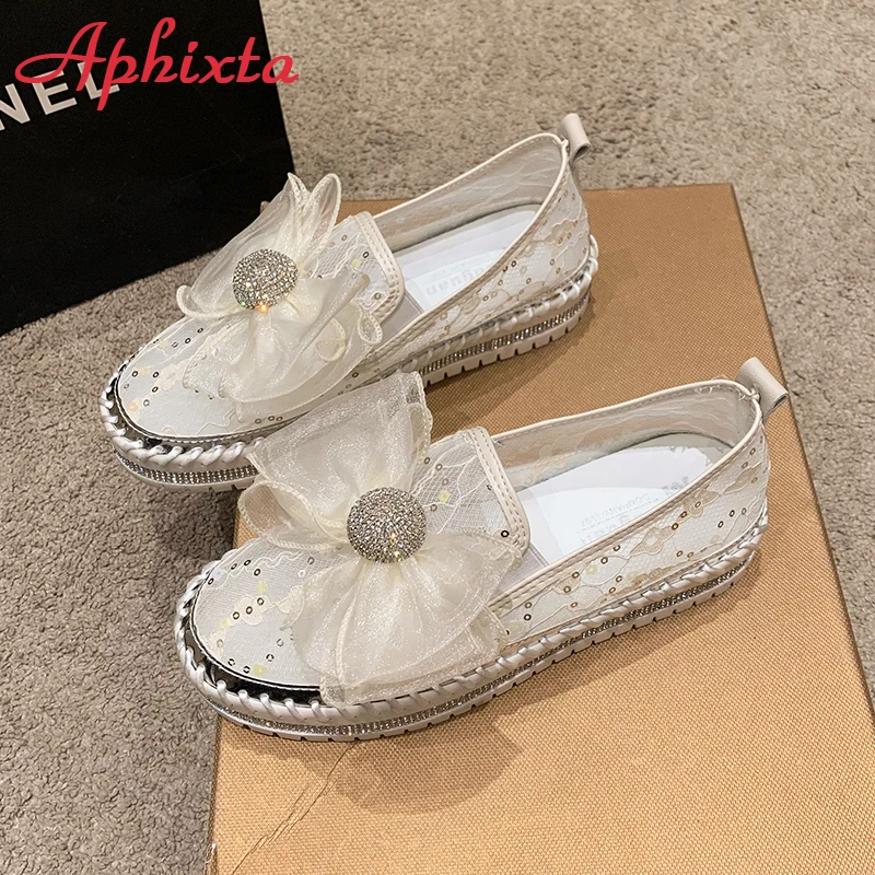 Aphixta 2023 Summer Air Mesh Luxury Crystals Bowknot Flats Platform Shoes Loafers Couple Woman Colorful Cool Shoes Plus Size 44