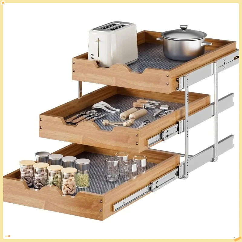 3段スライド式キャビネットオーガナイザー、20x21インチの引き出し式収納、ベースキャビネット用