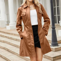 Damesmode Trend Niche Pu Leren Jas Jassen Eenvoudige Solide Turn-Down Kraag Veterkant Kantoor Dames Elegante Slanke Jassen