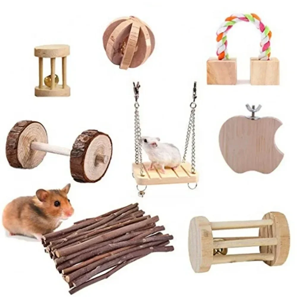 Hamster Toy Rabbit Pet Toys Hamster Set Pet Mouse Rabbit Guinea Pig Parrot Wood Combination Toy Supplies 8Pcs/10Pcs