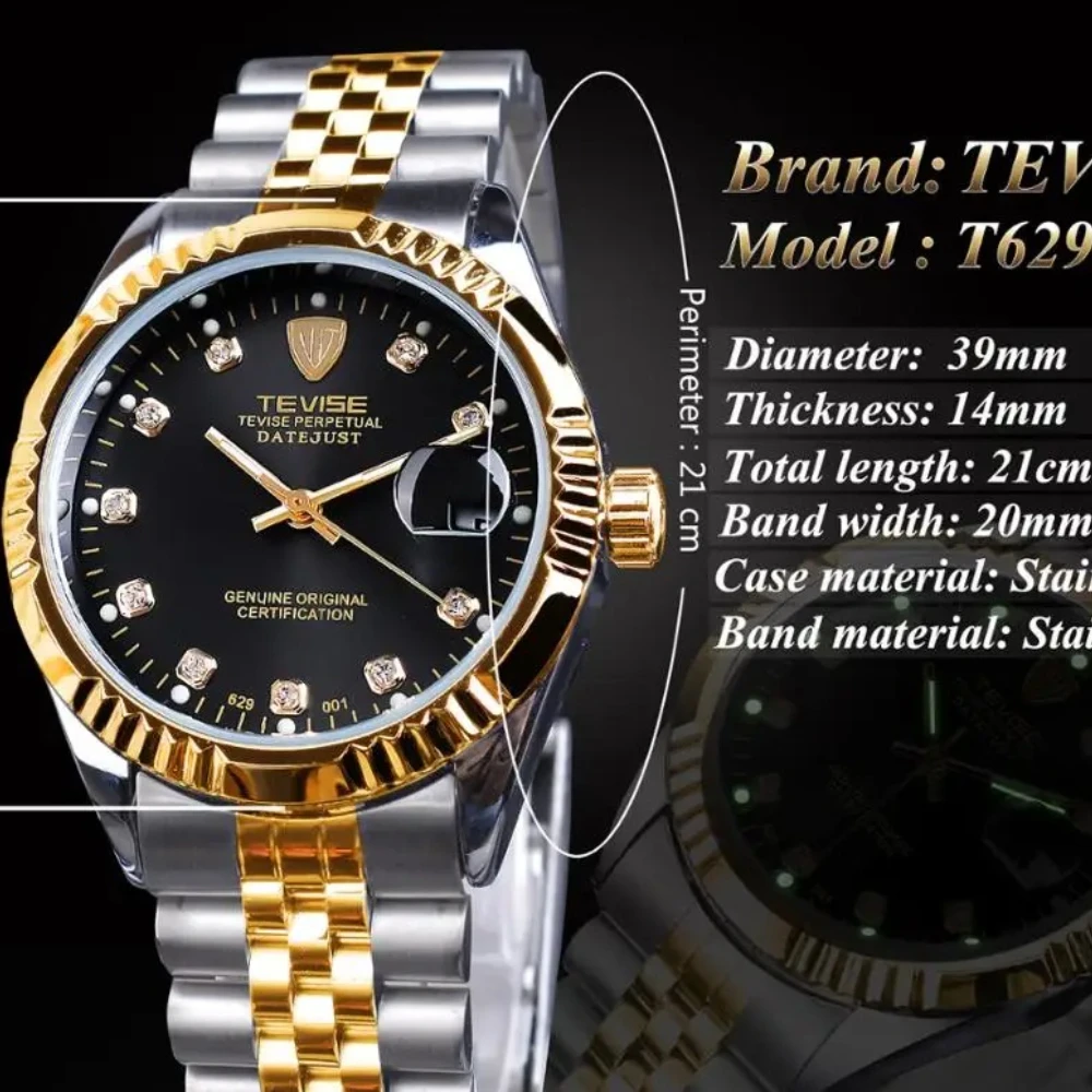 TEVISE 629 Luxury Brand Diamond Gold Black Fashion Watch Stainless Steel Automatic Mechanical Clock Calendar Unique Gift for Men