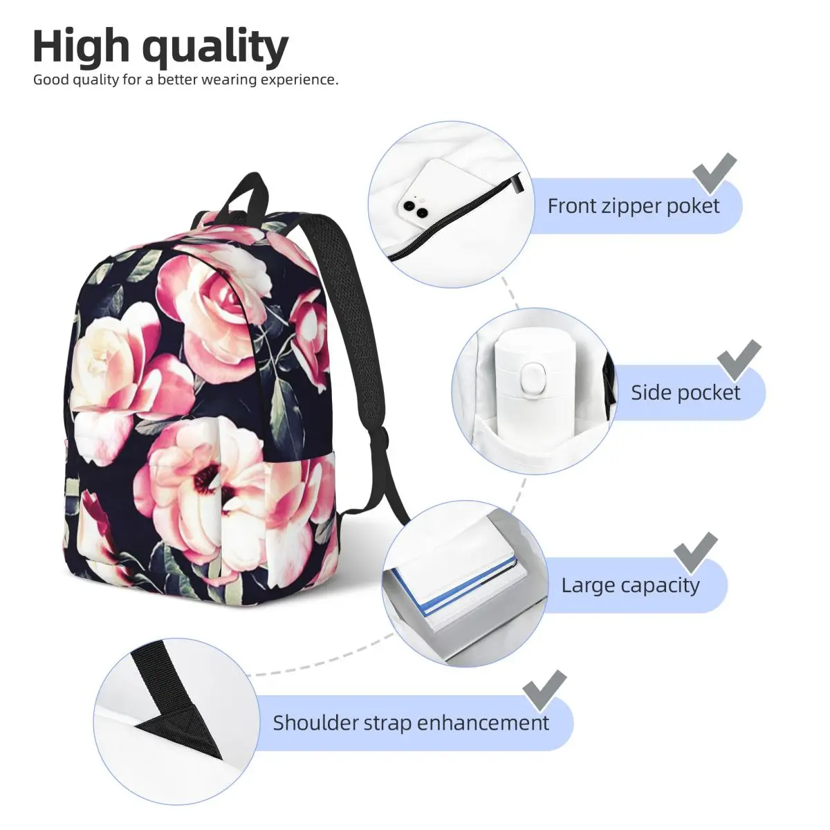 ヴィンテージローズチンツピーチピンクバックパック学生少年少女ブックバッグ子供スクールバッグラップトップショルダーバッグ男性女性用