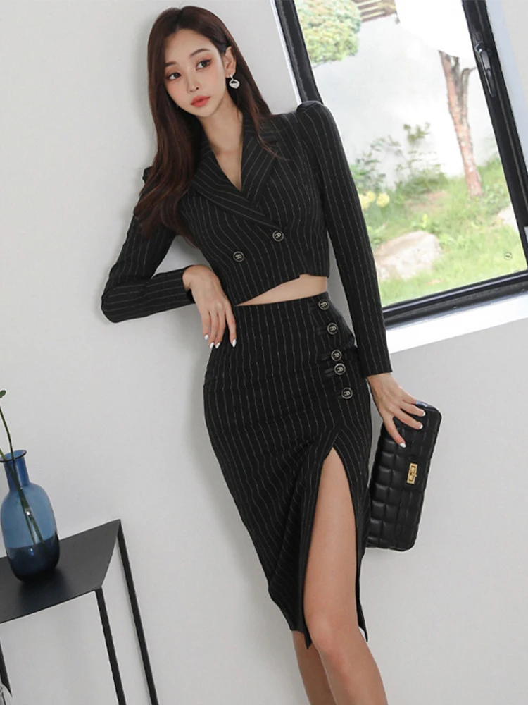 Fashion Office Lady Outfit Women Black Puff Sleeve Short Blazer Coat Suit Jacket Split Midi Skirt Business 2 Piece Sets Business