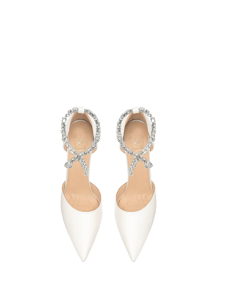 Spring and summer new pointed hollow white silk rhinestone strap wedding shoes banquet large size slim high-heeled women sandals