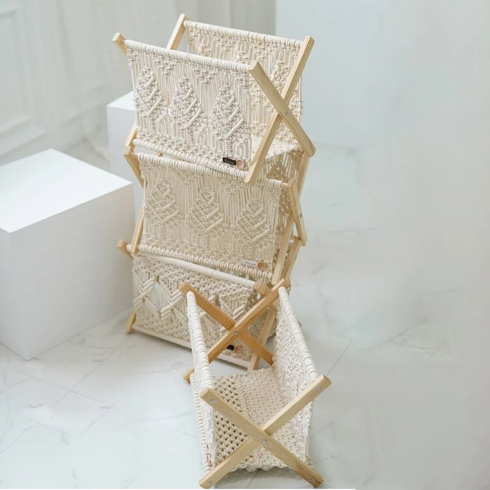 INS Nordic Cotton Rope Woven Basket Rectangle Macrame Storage Basket Magazine Rack Organizer Boho Home Desktop Storage Rack