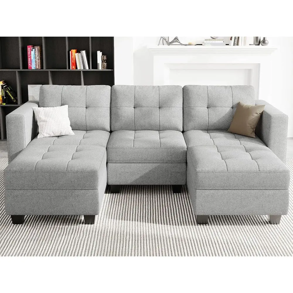 

Reversible Chaise Sectional Sofa, Light Grey, 58.3W x 90.2L x 33.5H, Solid Wood Frame, Plush Fabric, Storage, Adjustable Backres