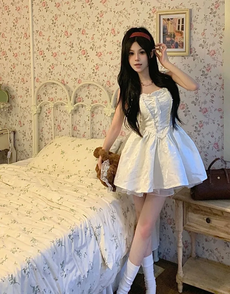 2024 Spring New White Strap Dresses Holiday Princess Slim Waist Dress for Women Y2k Fairycore Lace A-line Vestidos Mujer