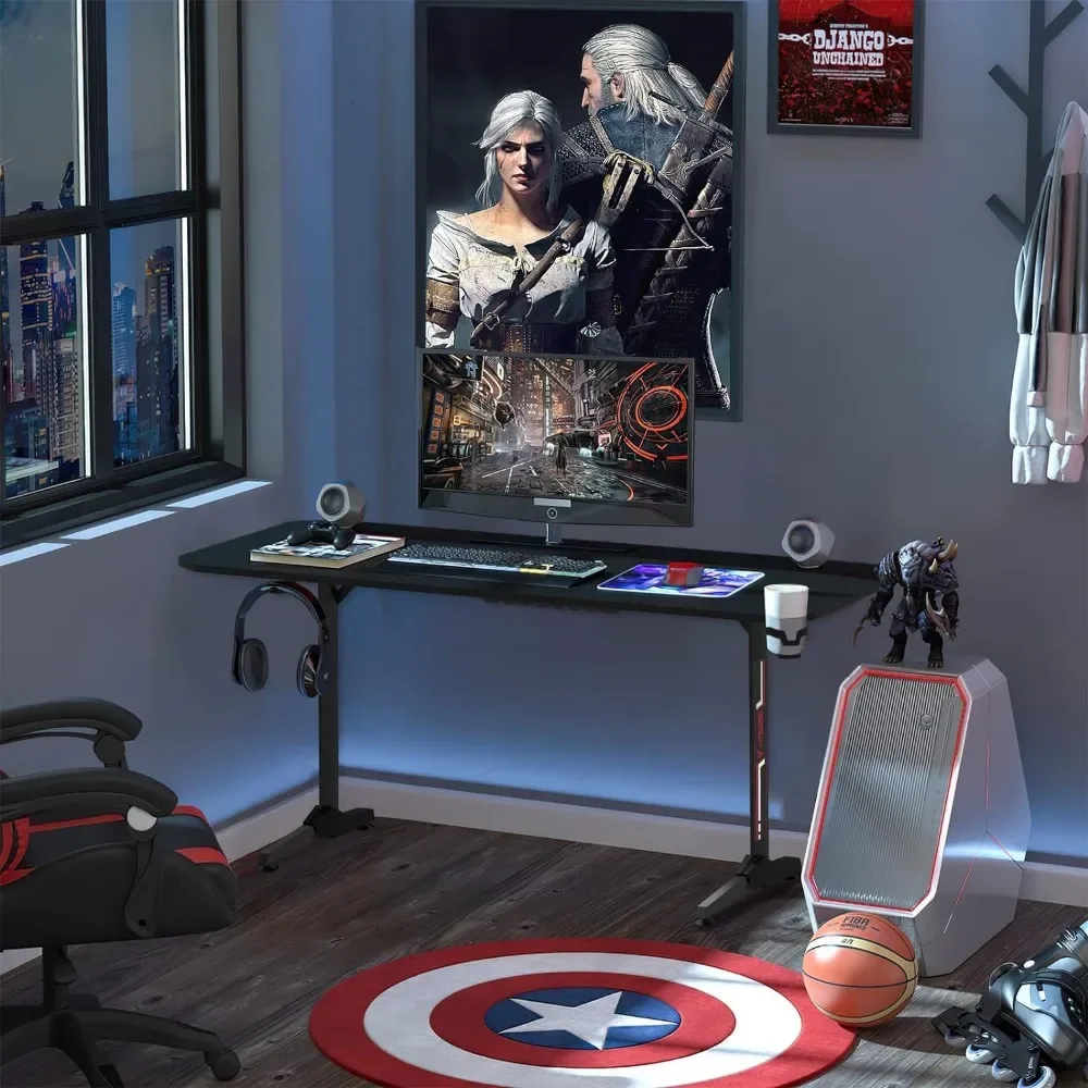 63 inch Gaming Desk, Gaming Computer Desk, PC Gaming Table, T Shaped Racing Style Professional Gamer Game Station with