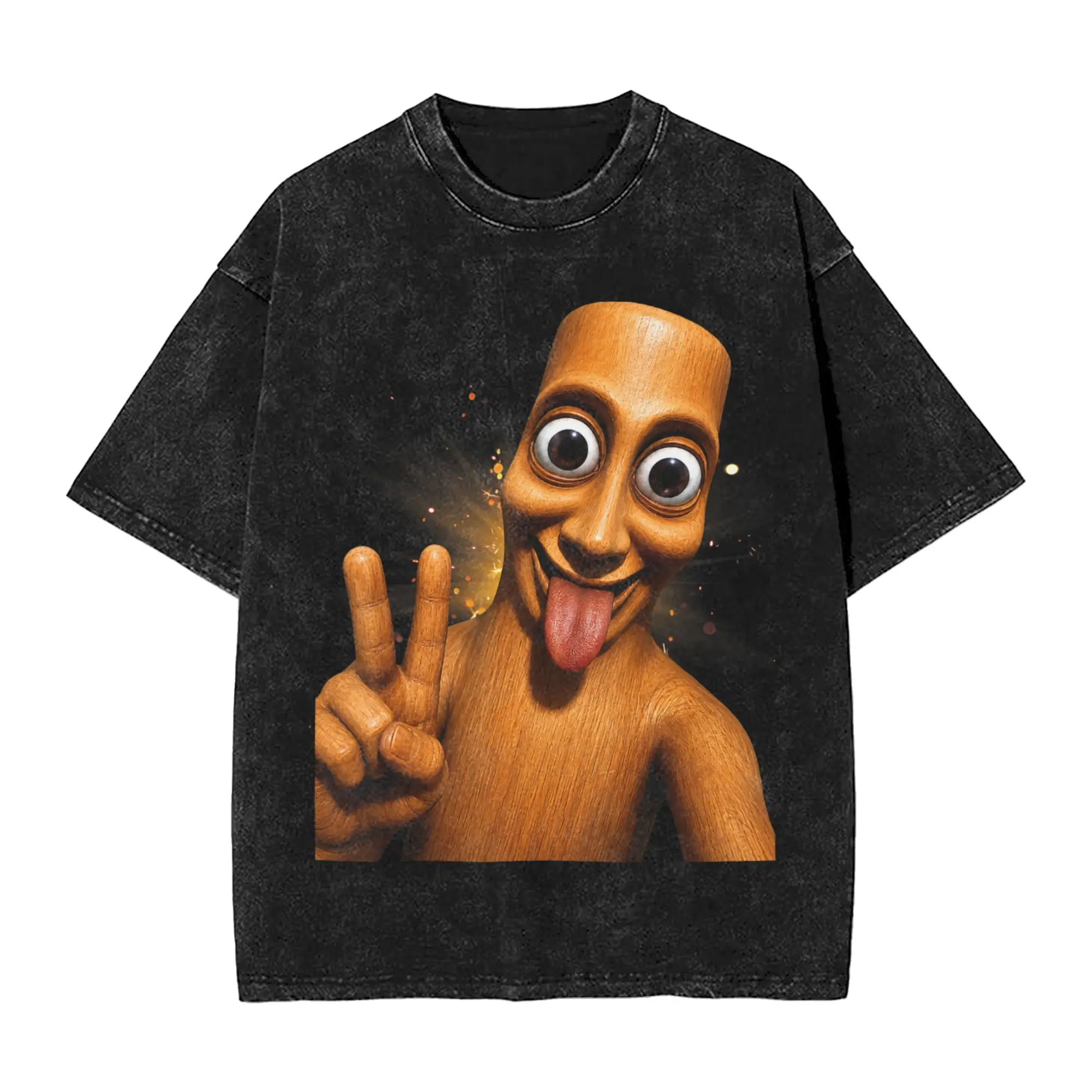 Streetwear Washed T Shirt Funny Halloween Tung Tung Sahur Peace Sign Tongue Out Meme Cotton T-Shirts Hipster Tee Shirt for Men