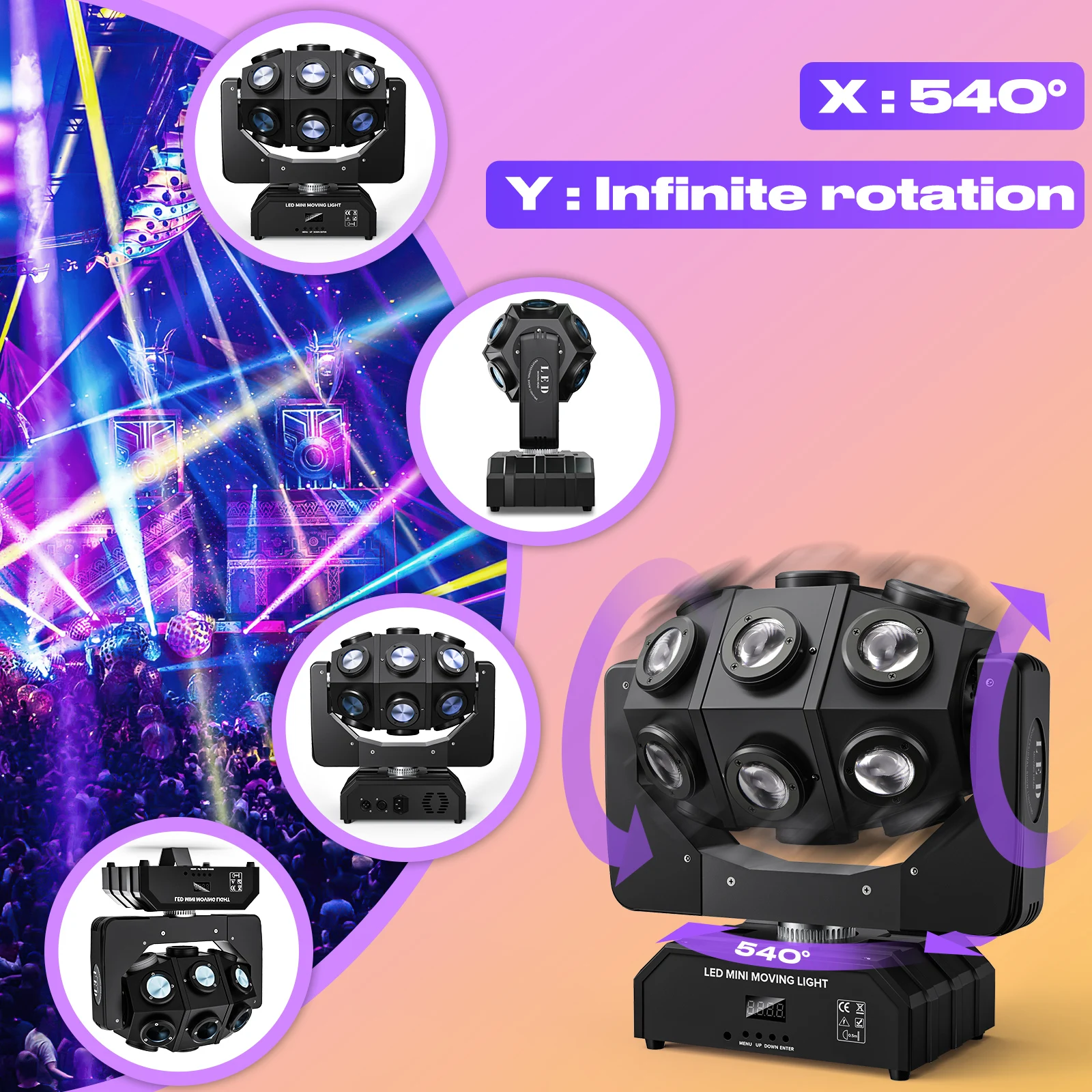 Imagem -05 - Somspot-led Moving Head Light Feixe de Luz Estroboscópica Som Ativado Stage Lighting Effect Disco Party Lights 180w Rgbw em Dmx512