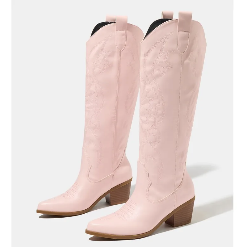 Eilyken Bize 43 Exquisite Embroidery Knee-High Boots Women Low Heels Pointed Toe Long Booties Shoes Winter Botas Mujer