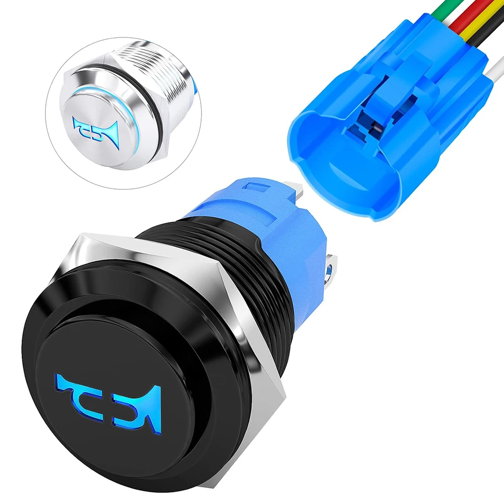 

Horn Button 12V Car Switch 16MM Momentary Push Button Switch 12V Blue LED Lighted Speaker Horn Switch for Car Auto Marine Boat