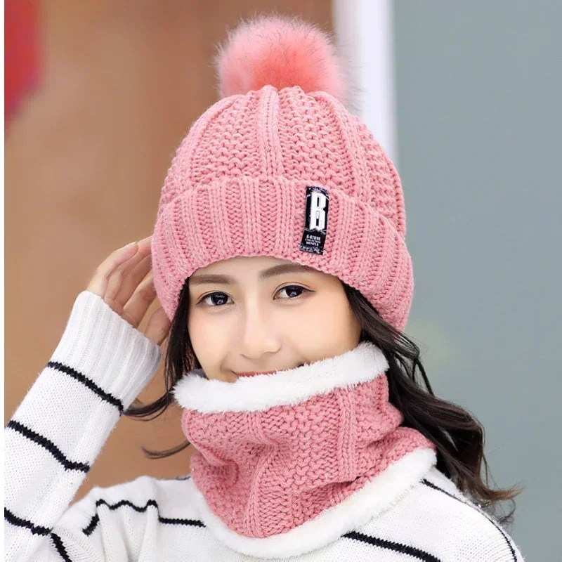 Brand Knitted Winter Hat Scarf Set Thick Warm Skullies Beanies Hats for Women Solid Outdoor Snow Riding Ski Bonnet Caps Girl