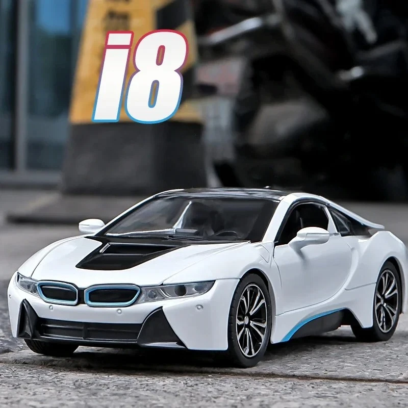 1:24 I8 Simulation Alloy Car Model Diecast Ornament Sound & Light Pull Back Function Collection Boys Toys Gifts For Kids