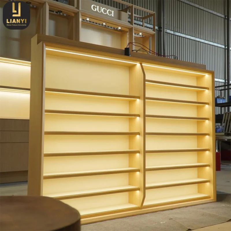 custom.LIANYI LED Lighting Wood+Metal Wall-Mounted Sunglass & Optical Display Cabinet with Custom Color & Dimension OEM/ODM Serv