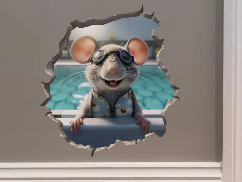 Swimmer Mouse in Mouse Hole Decal - Mouse Hole 3D Wall Sticker