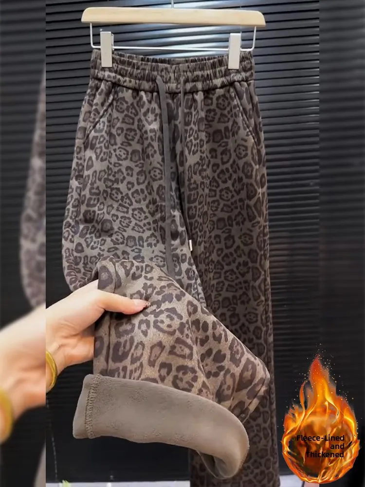 High Waist Thickened Fleece Lined Leopard Print Casual Pants Women's Wide Leg Straight Cut plus Size Trendy Autumn Winter