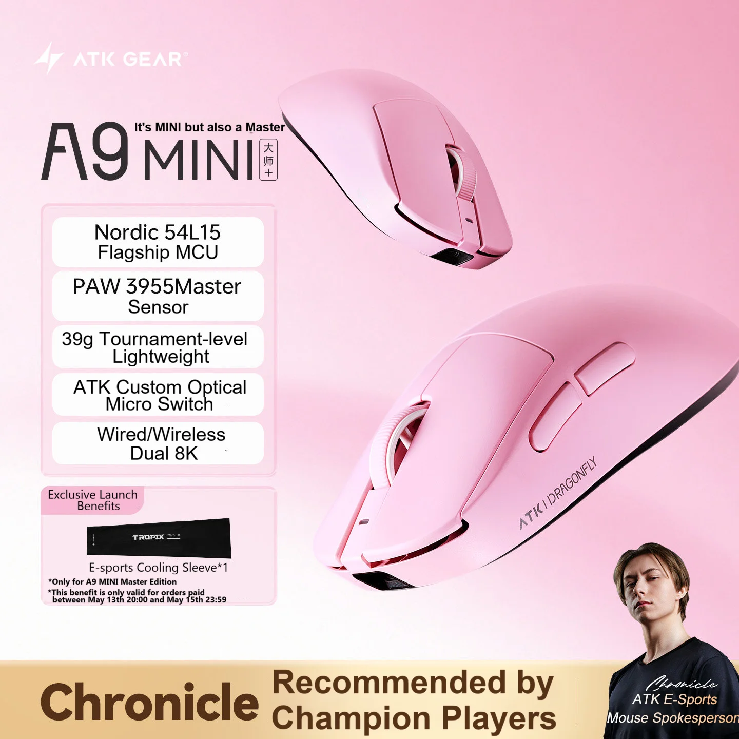 ATK Dragonfly A9 MINI Master Wireless Gaming Mouse Ergonomic A9 Ultimate 42000DPI PAW 3955Master E-sports Mice for FPS VALORANT