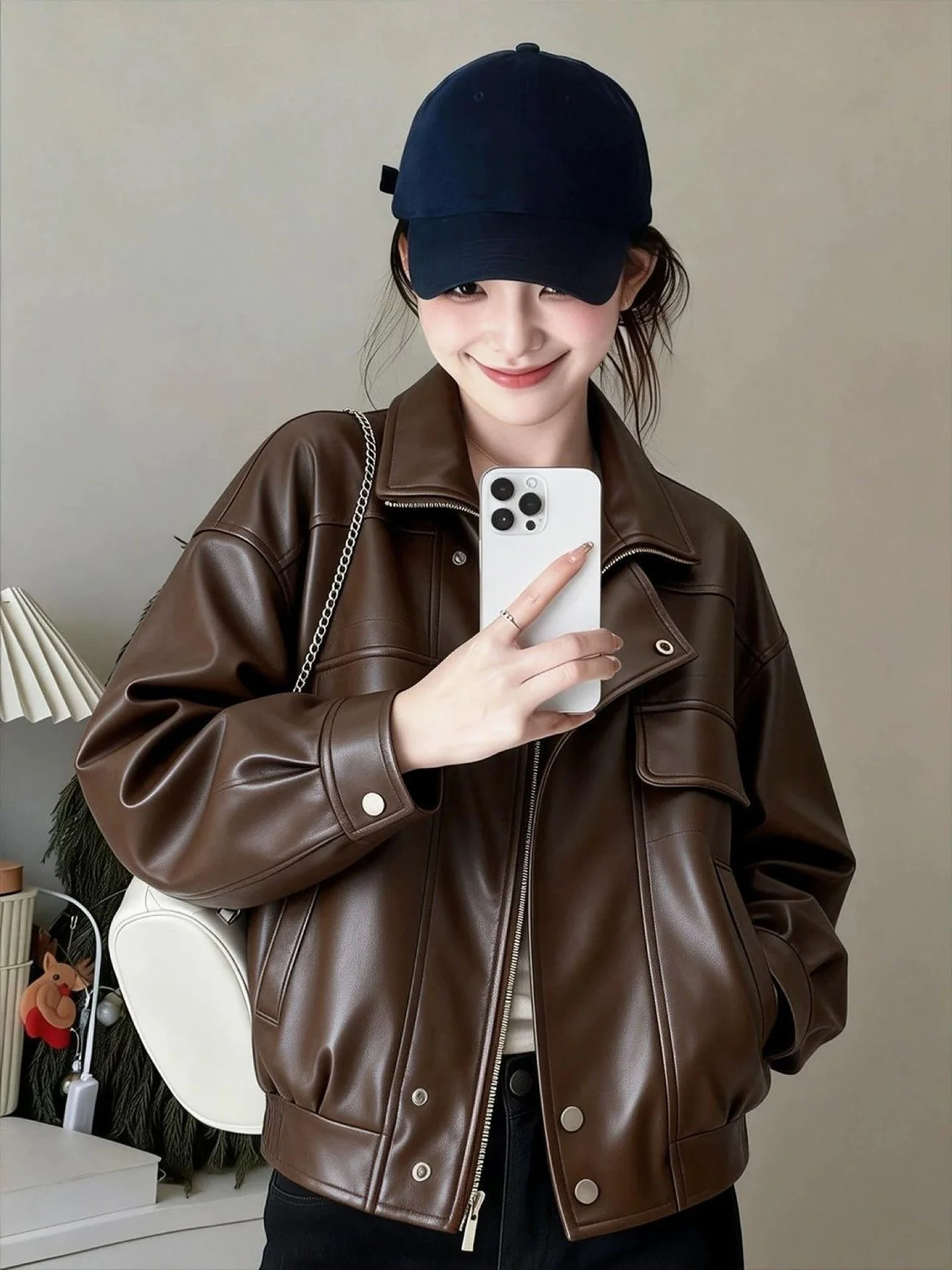 Retro Women's PU Leather Jacket Fashionable Motorcycle Style Loose Fit Slimming Versatile Autumn New Arrival Korean Version
