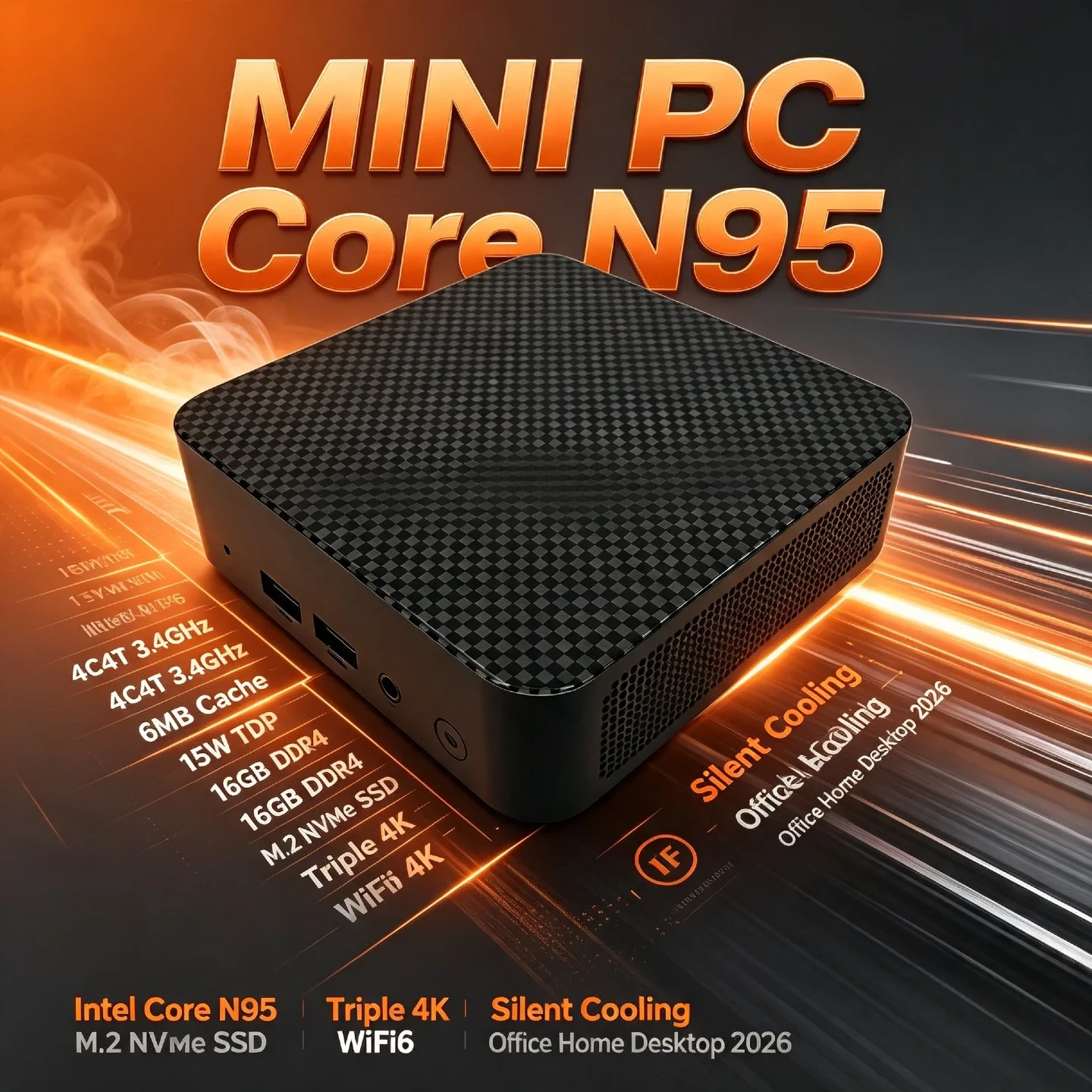 Intel Core N95 Mini PC 4C4T 3.4GHz 6MB 15W 16GB DDR4 M.2 NVMe SSD Triple 4K WiFi6 Silent Cooling Desktop 2026 Office Home