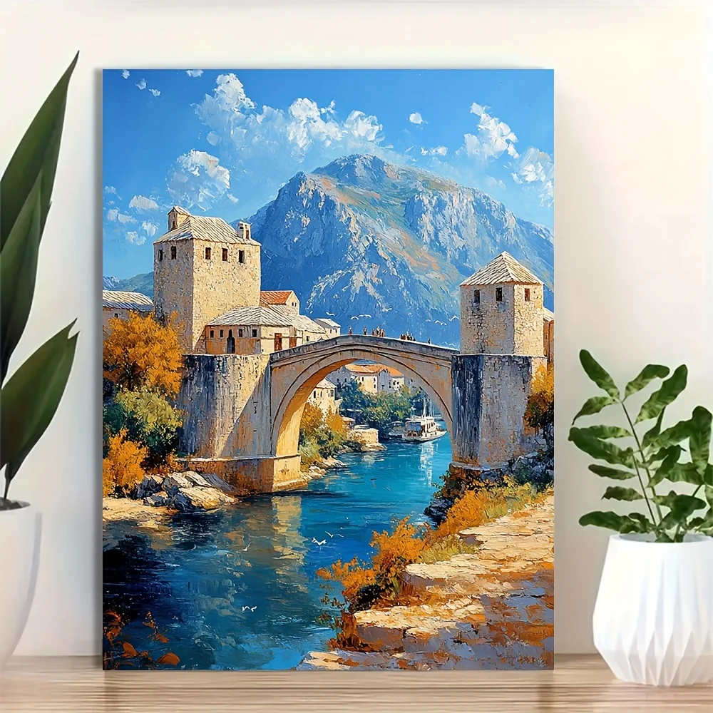 Pintura de Diamantes 5D DIY con Diseño de Otoño en el Puente de Mostar, Mosaico de Diamantes, Punto de Cruz, para Decoración del Hogar, Regalos Únicos