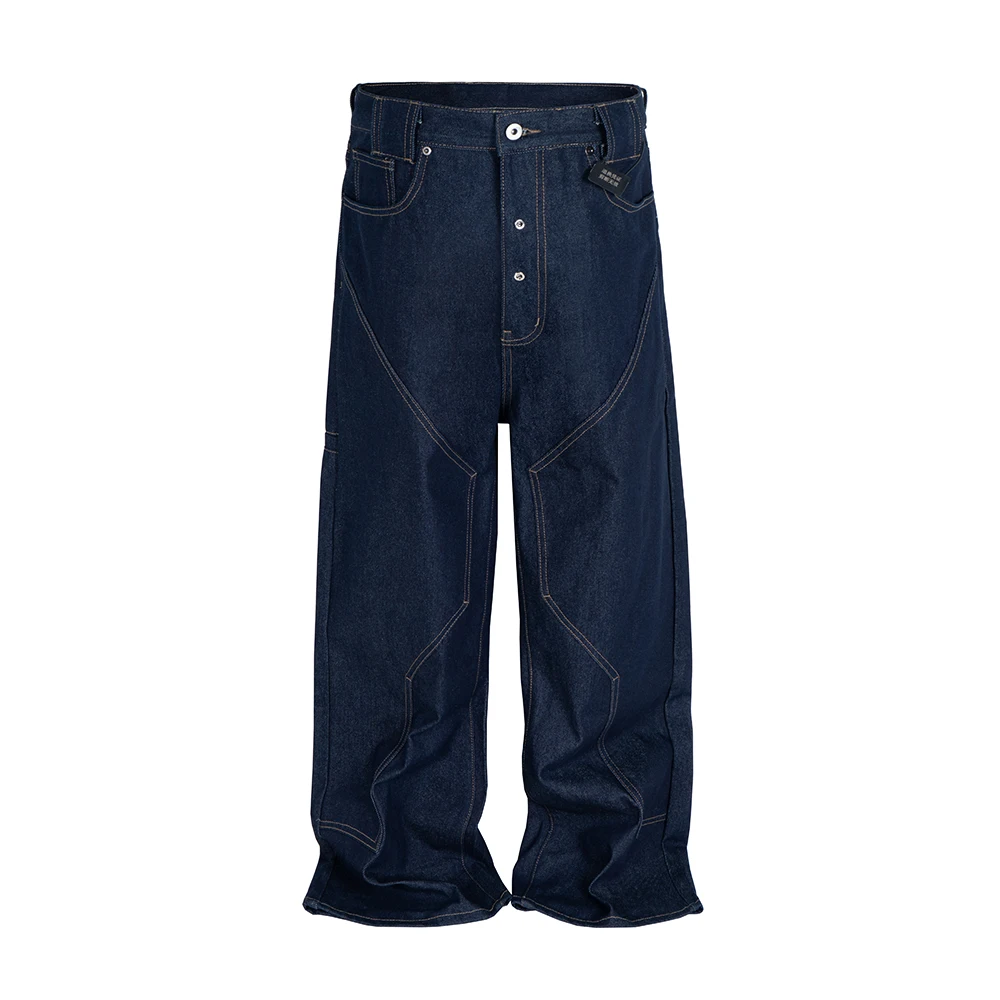 

Geometric Cutting Original Cow Jeans Pants Mens Streetwear Solid Color Loose Wide Leg Baggy Denim Trousers Oversized Cargos
