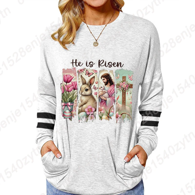 He Is Risen Retro Easter Classic Tops Floral Rabbit Christian Easter Gift for Women Cute Bunny Flower Easter Long Sleeve T-shirt