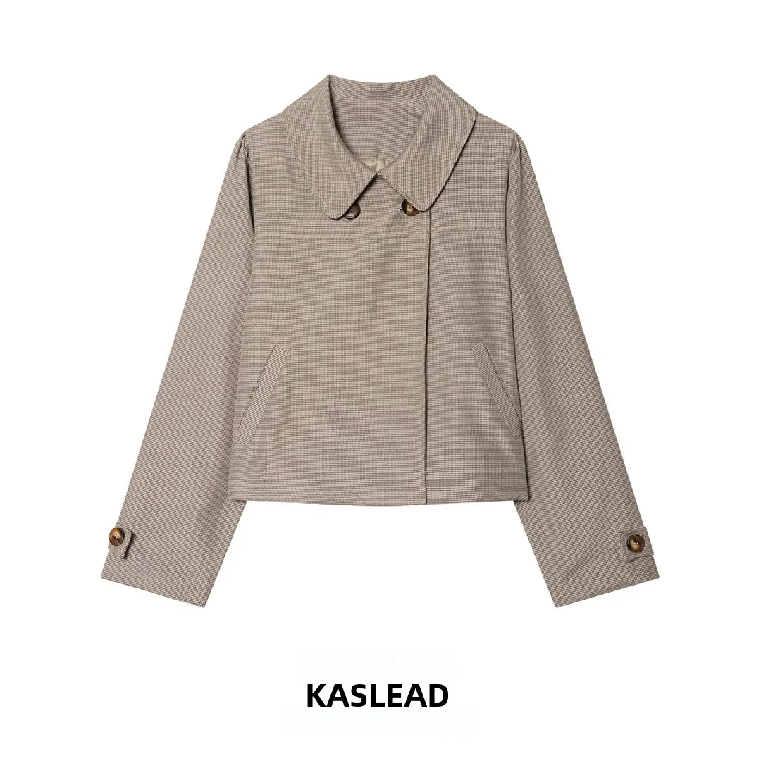 

KASLEAD New Street Style Women's Plaid Shirt Jacket Stand Collar Short Outerwear Simple Match Vintage Spring Fashion