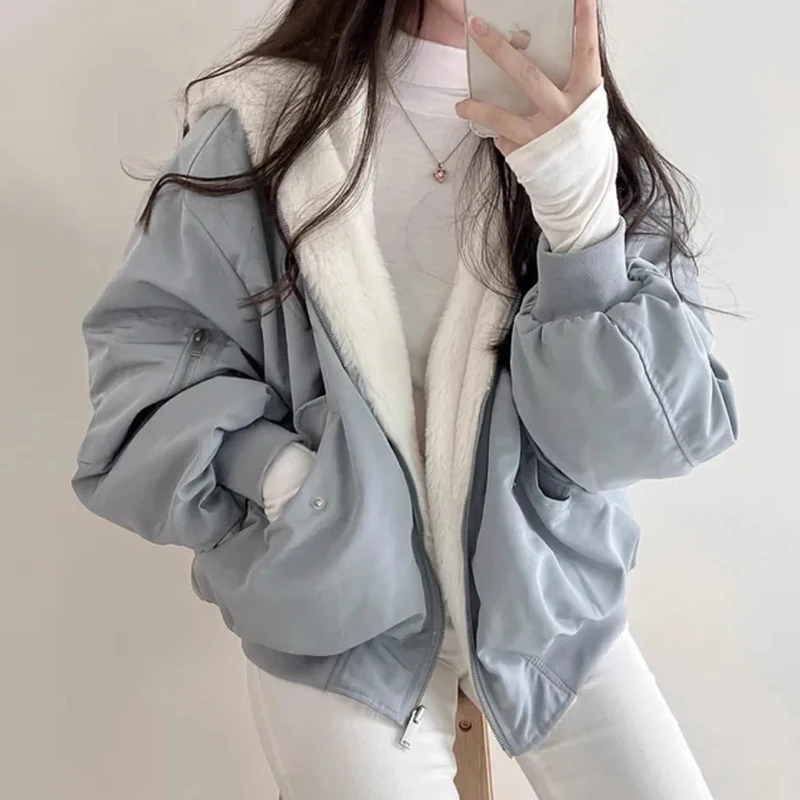 

Стильная осенне-зимняя двусторонняя куртка с капюшоном и подкладкой из овечьей шерсти, свободного кроя, в корейском стиле, для повседневной носки