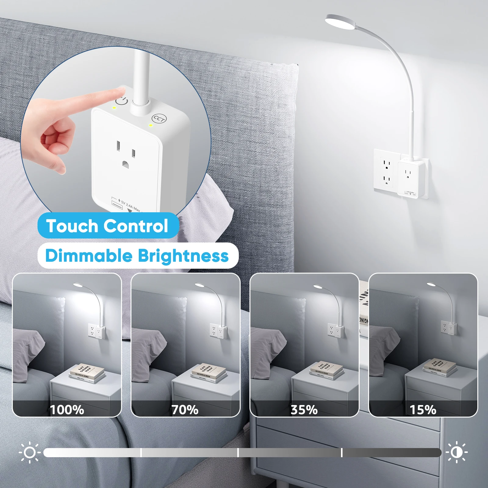 Plug in LED Bedroom Kitchen Wall Lamp, White Flexible LED Dimmable Reading Light with Outlet Extender, USB Output Charging Ports