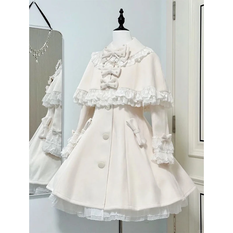

Japanese Lolita Lace Splicing Woolen Women's Jackets 2025 Autumn Winter New Bow Cape Sweet Cute Temperament Two-Piece Set Ladies