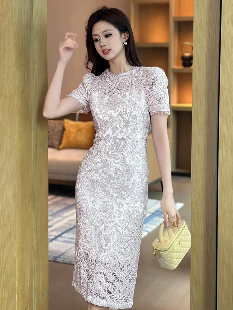 Robe de soirée élégante en dentelle transparente pour femmes, vêtements doux et Sexy, Robe de fête d'anniversaire, maille perlée, cravate à fleurs