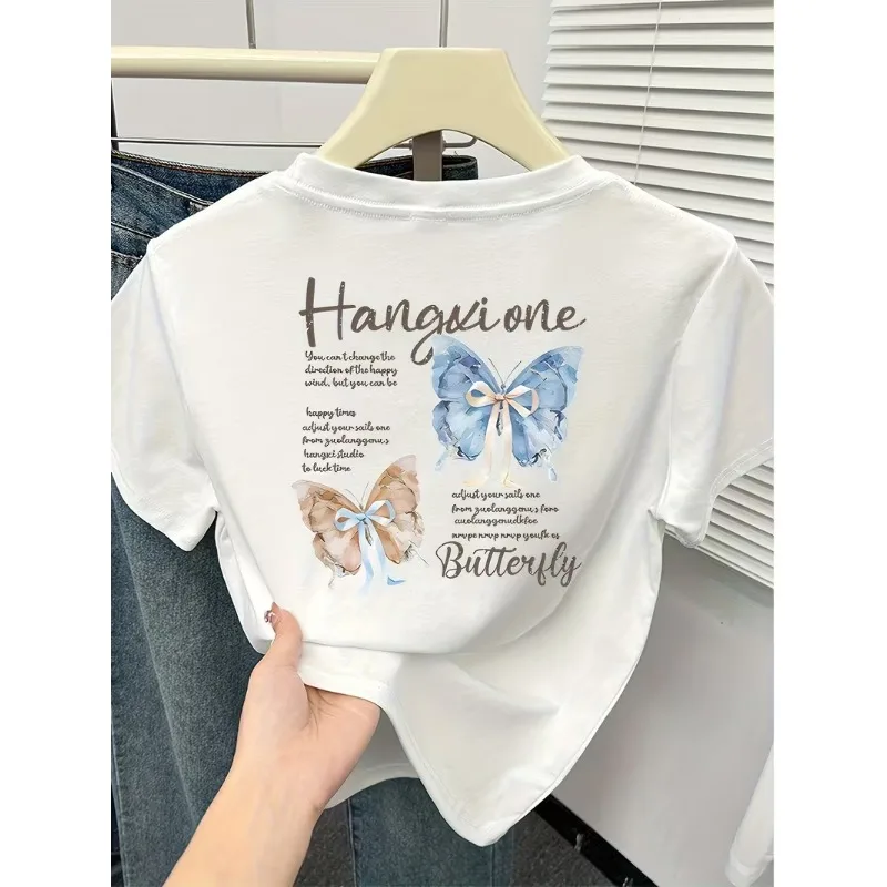 Watercolor Bow Butterfly T-Shirt Sweet Girly Letter Graphic Tee Women’s Casual Crew Neck Short Sleeve Top for Daily Wear