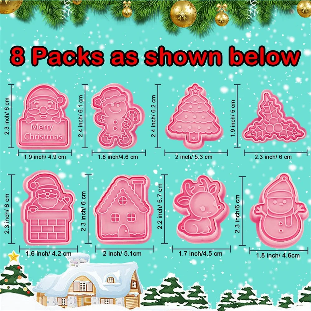 8 PCSChristmas Cookie Molds Christmas Dough Stamps Plastic 3D Cartoon Pressable Cookie Molds DIY Candy Baking Pastry  Decoration