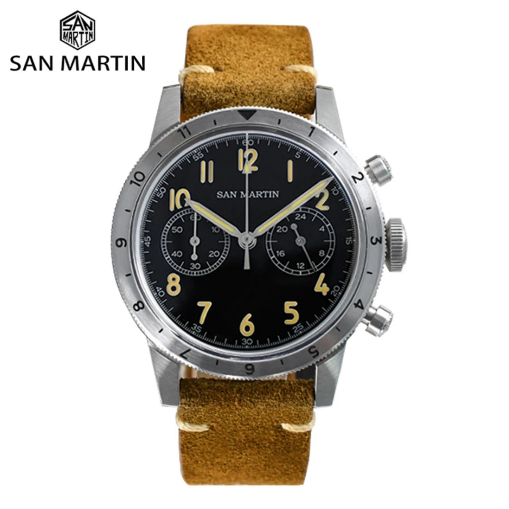 San Martin 39,5 mm VK64 heren snelheid chronograaf horloge quartz horloge vintage C3 suède lederen band pilot 10bar reloj SN0127JS
