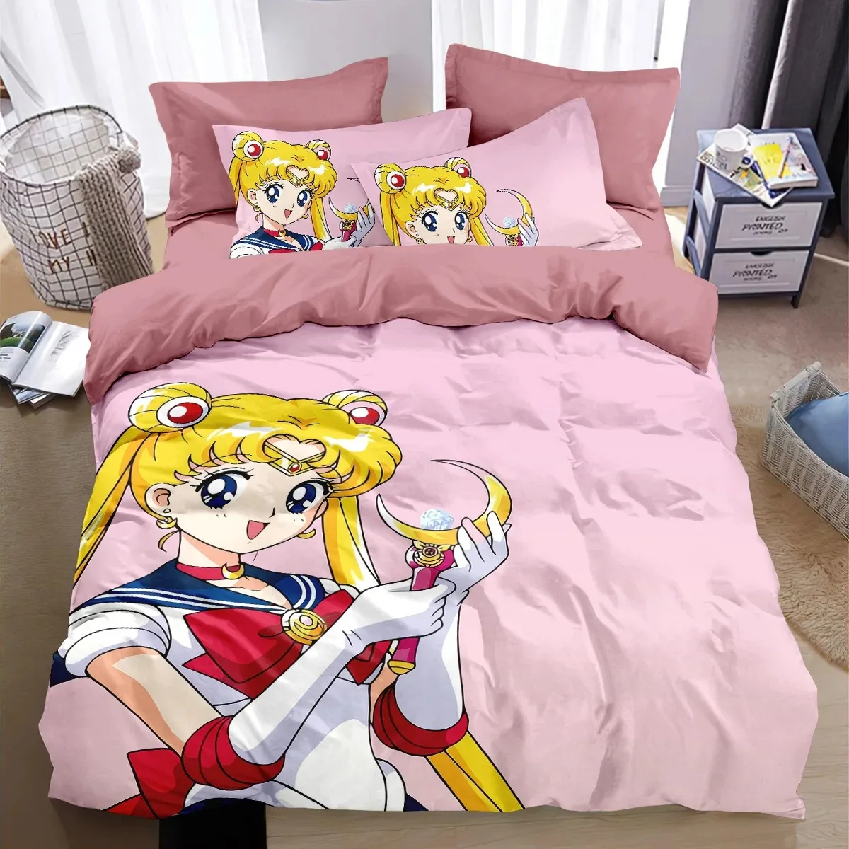 Juego de cama con estampado 3D de chica de anime S-SAILOR M-MOON, funda de edredón de poliéster, funda de almohada, juego de 2/3 piezas para niñas y adultos, tamaño individual/grande