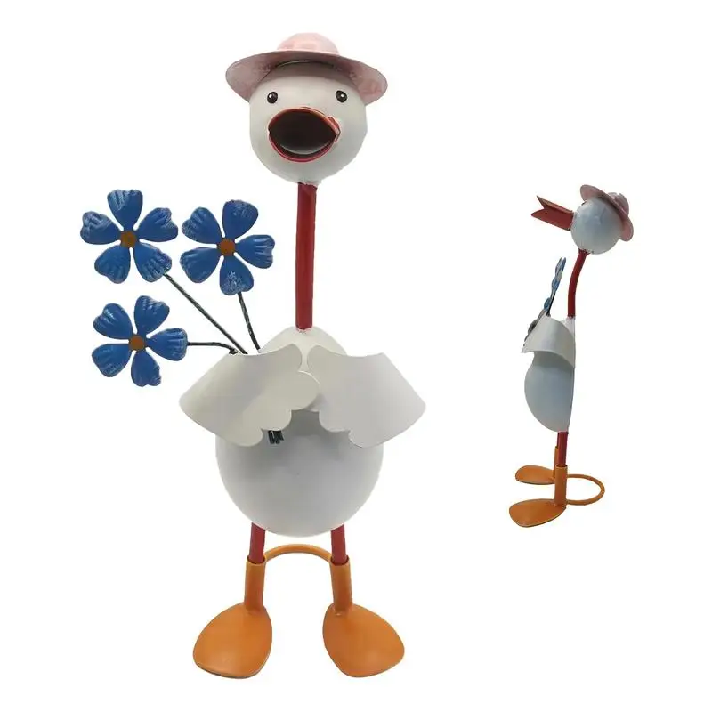 

Duck Figurines Decor Metal Cartoon Animal Sculpture Cute Figurines with Flower Decor Artistic Colorful Statue for Home Gardens