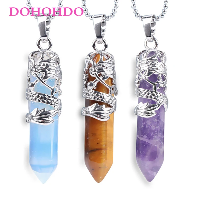 DOHOHDO Dragon Tribe Natural Stone Hexagonal Crystal Totem Quartz Prism Ethnic Pendant Necklace Hanging Jewelry for Women Men