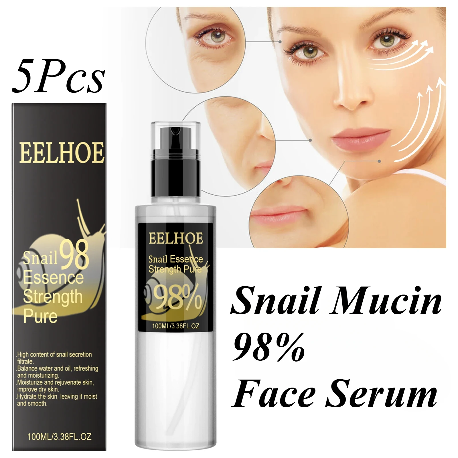 98% Snail Mucus Essence Reduce Fine Lines Improve Dark Spots Brighten Skin Firming Nourish Facial Anti Wrinkle Care Serum 5 Pcs