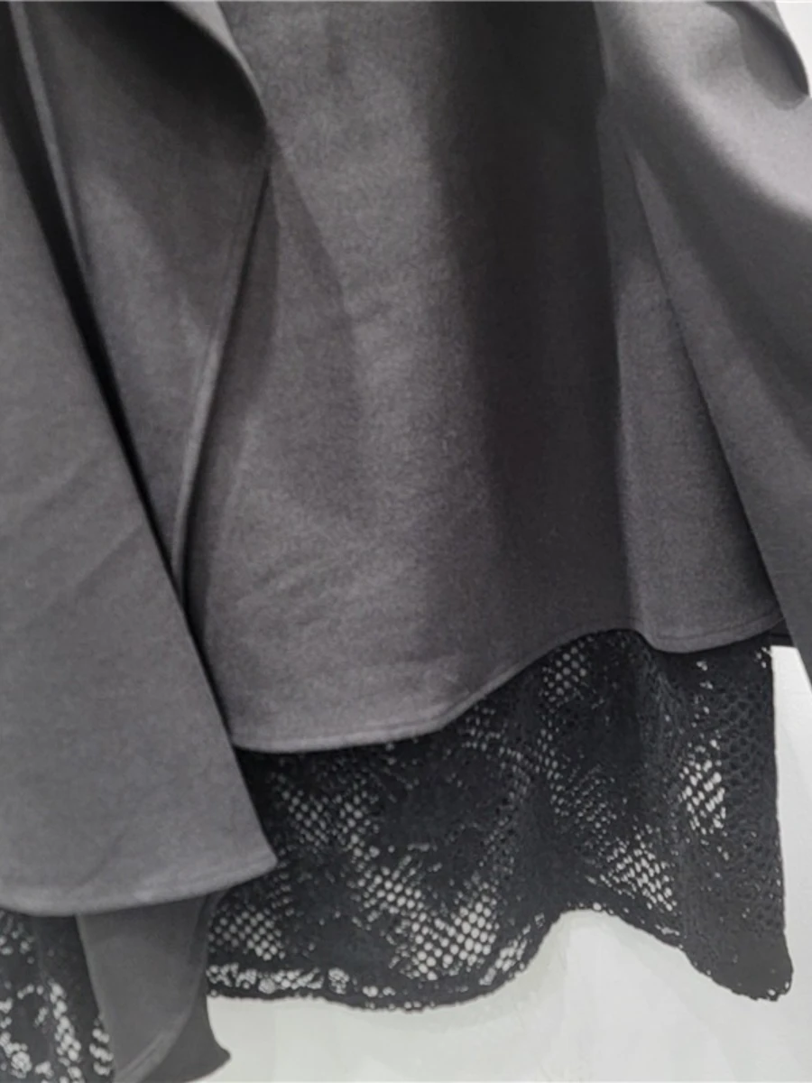 GALCAUR 솔리드 스플라이스 레이스 템퍼먼트 스커트 여성용 하이웨이스트 루즈 엘레강트 불규칙 여성 스커트 가을 패션 스타일 신상