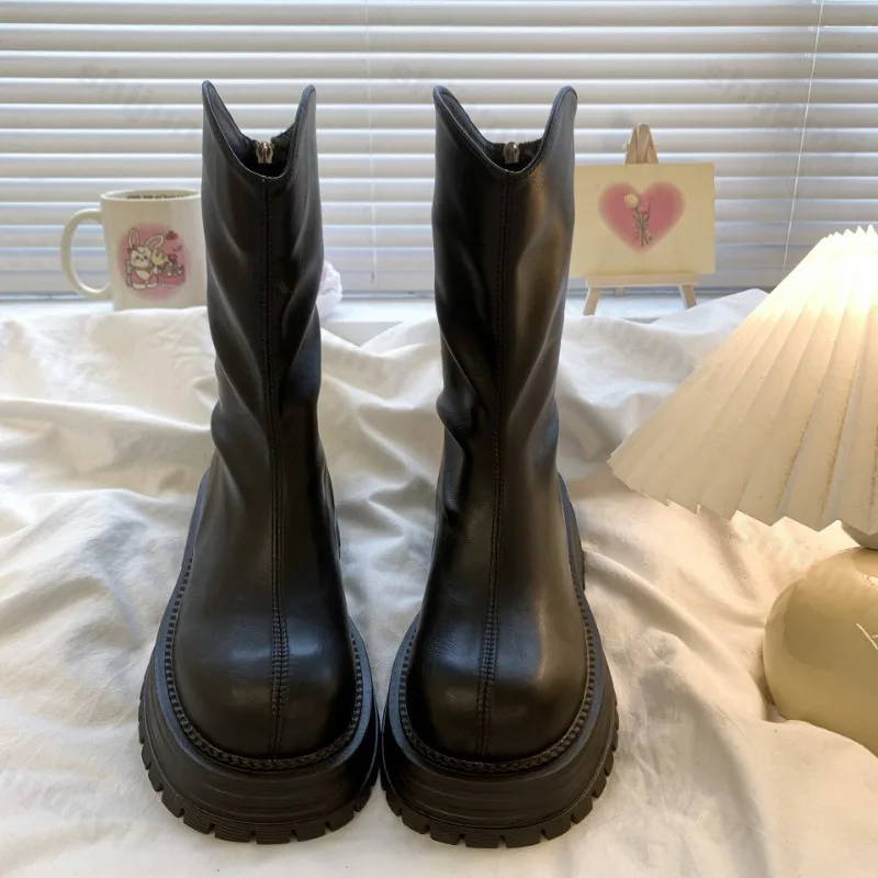 Women Boots New Thick Sole Stacked Fashion Brown Black 2025 Short Boots Wrinkled Leather Platform Casual Botines Chelsea Shoes