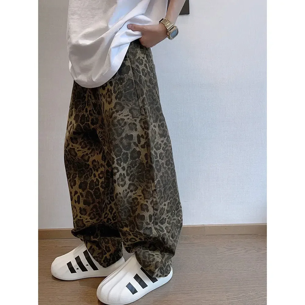 Men Splice Button Pocket Wide Leg Pants Floor Length Cargo Pant Leopard Print Loose Casual Straight Trousers Autumn Winter New