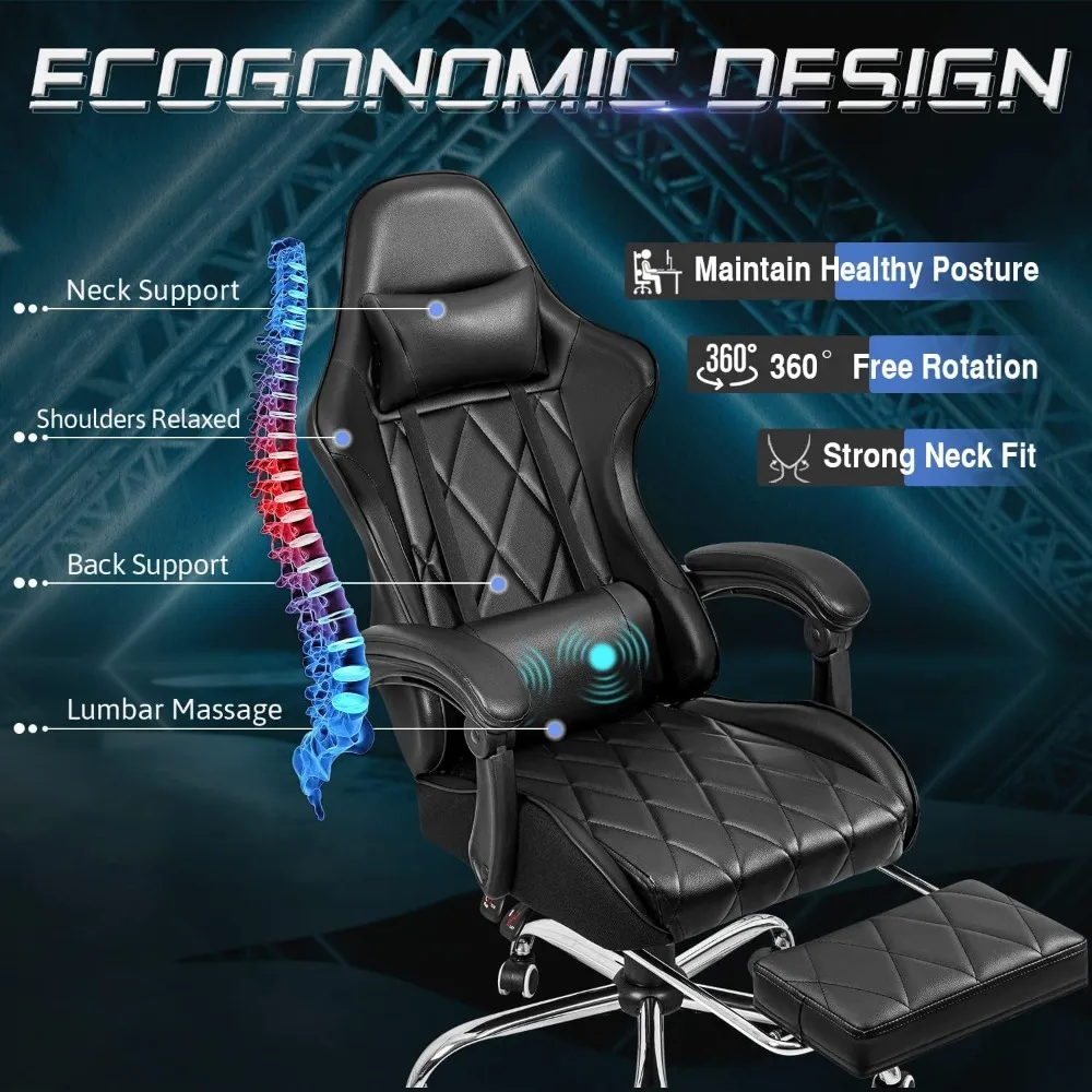 Fotel gamingowy z otomaną i funkcją masażu stabilizator lędźwiowy, obrotowa o 360 ° i wysokości-regulowany fotel z zagłówkiem