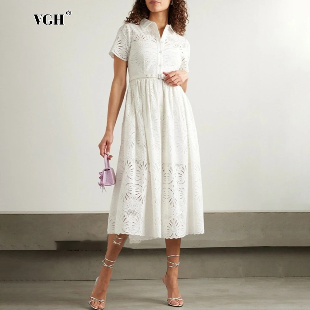 

VGH Minimalist Solid Hollow Out Dresses For Women Lapel Long Sleeve High Waist Casual Embroidery Slimming Dress Female Fashion