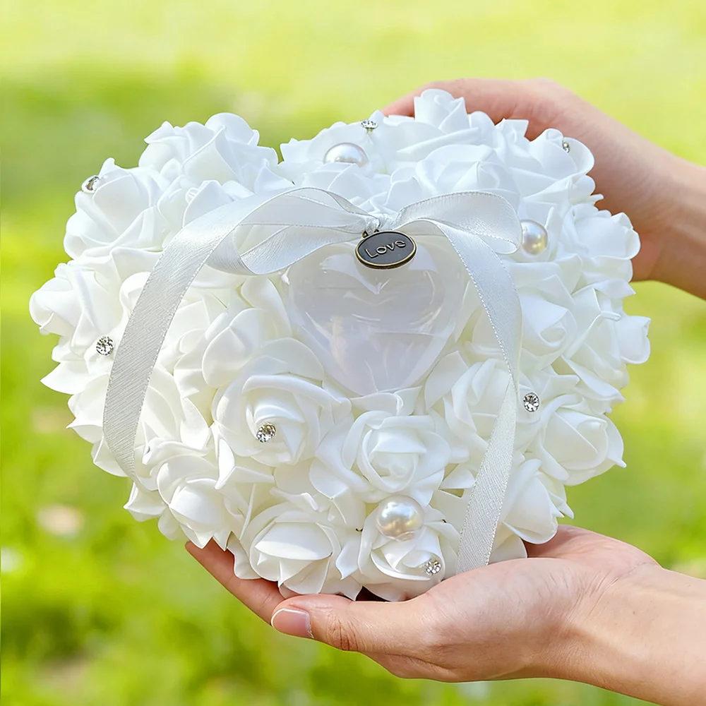 1pc Valentine's Day Ring Box  Heart Shape Wedding Ring Pillow Pearl Rhinestone Wedding Ceremony Ring Holder for Ceremonies image 4