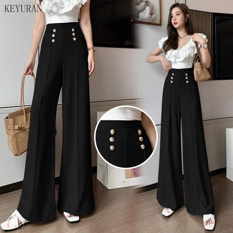 Women Spring Summer New Elegant Button High Waist Wide Leg Pants Female Fashion Casual Full Length Office Lady Trouser Apricot