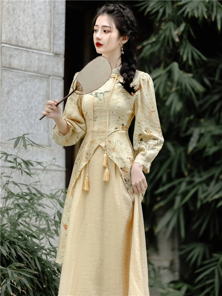 

Young Women's New Chinese Sle Dr Ele Retro Long Sve Floral Embroidery Daily Wear No Slit for Autumn