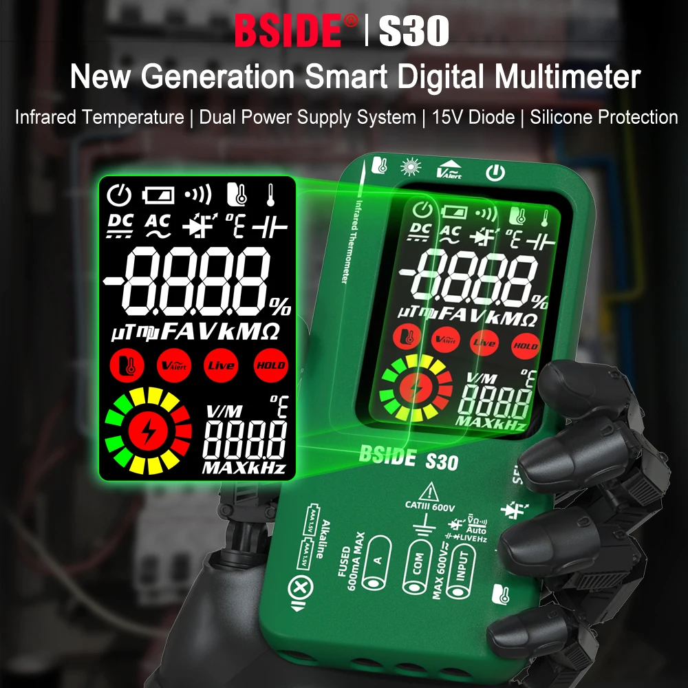 BSIDE Multimetr cyfrowy Inteligentna temperatura na podczerwień 15 V Diodowy tester LED True RMS 9999 DC Napięcie AC Akumulator Multfrage DMM