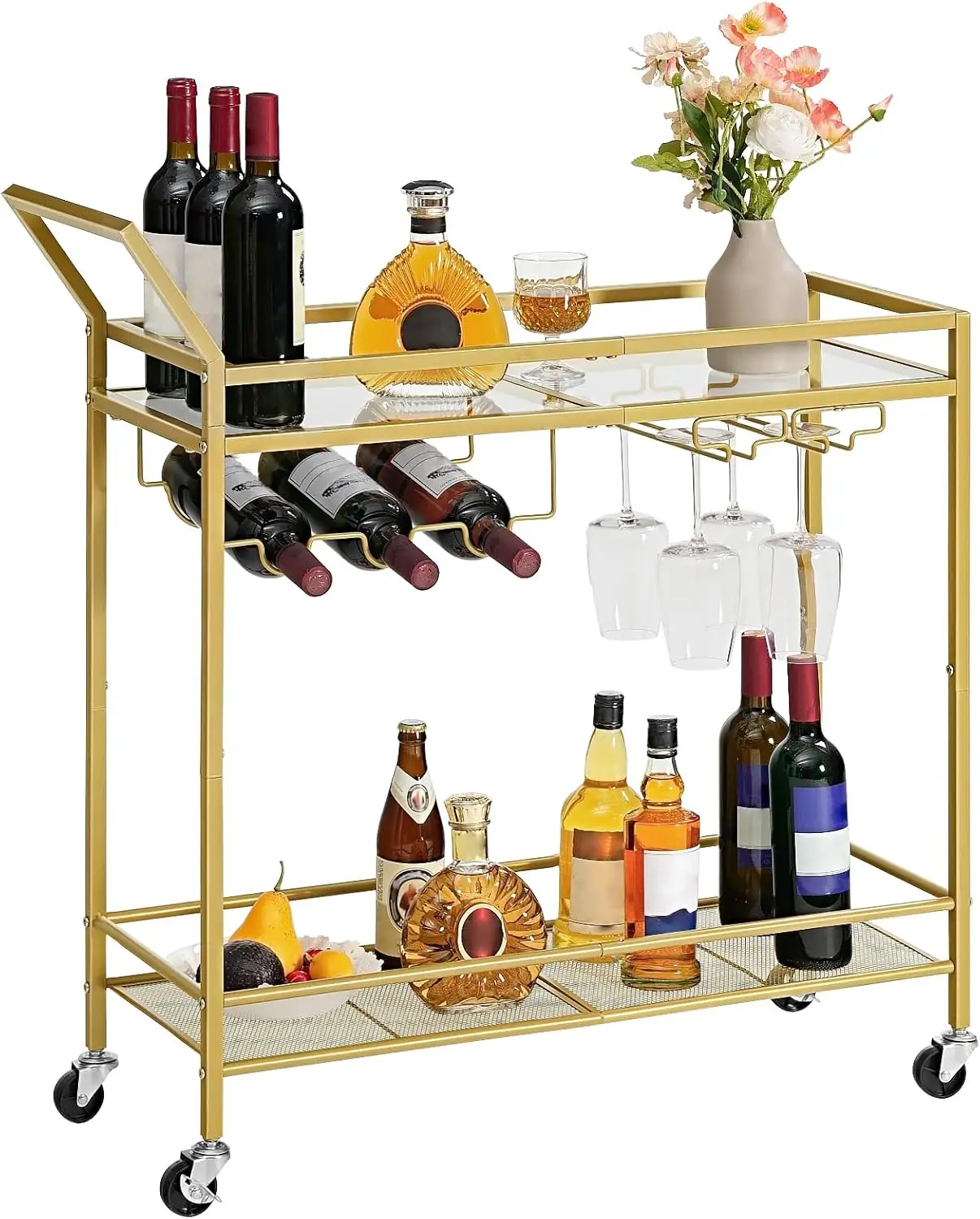 

Bar Cart for The Home, 2-Tier Kitchen Cart with Wine Rack and Glass Holder, Serving Cart with Wheels and Guard Rails for