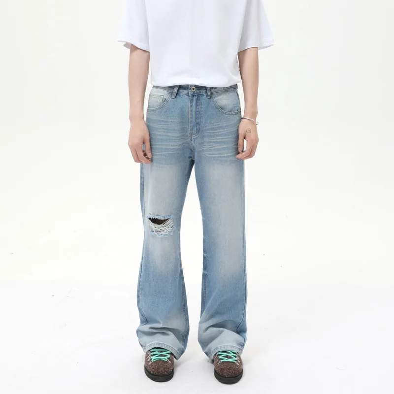 

SYUHGFA 2025 Fashion Men's Jeans Hole Design Solid Color Washing Wide Leg Menswear Straight Loose Male Denim Pants Trend
